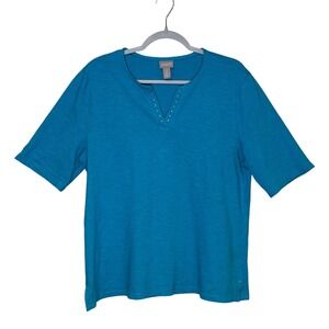 Chico's Teal Blue Short Sleeve Top Size 2 Large Casual Knit Shirt